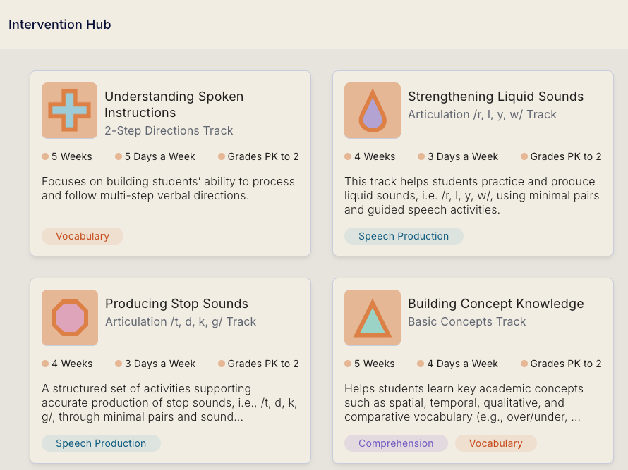 Amplio’s Intervention Hub: a grid of speech and language therapy program cards