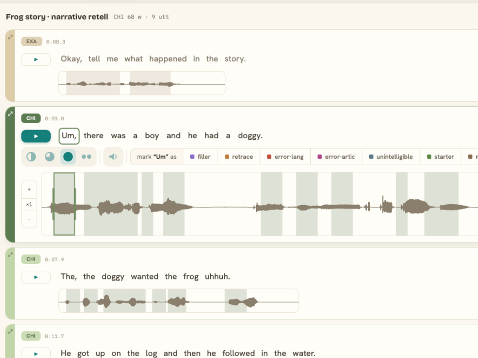 Arc’s transcription editor: utterances aligned to the audio waveform, with marking controls